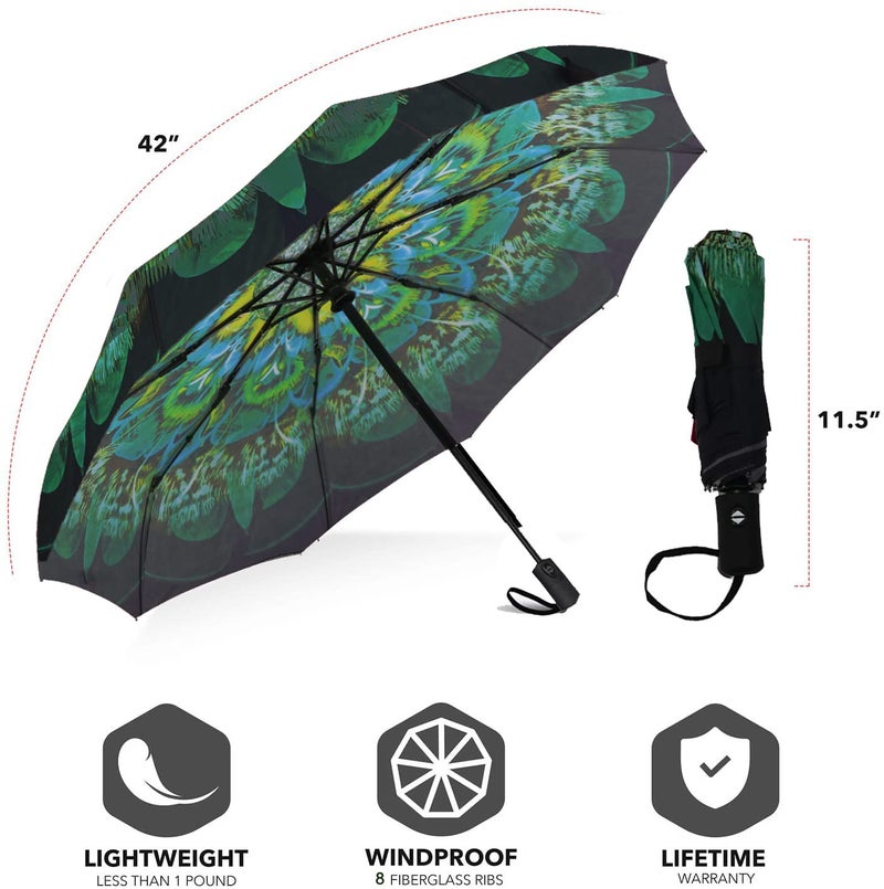 SIEPASA Windproof Travel Compact Umbrella-Automatic Umbrellas for Rain- Folding Umbrella, Travel Umbrella Compact, Small Portable Windproof Umbrellas for Men Women Teenage. (Green Peacock) - Image 4