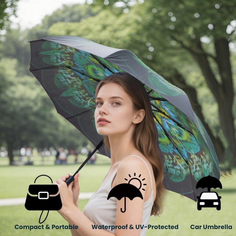 SIEPASA Windproof Travel Compact Umbrella-Automatic Umbrellas for Rain- Folding Umbrella, Travel Umbrella Compact, Small Portable Windproof Umbrellas for Men Women Teenage. (Green Peacock) - Image 2