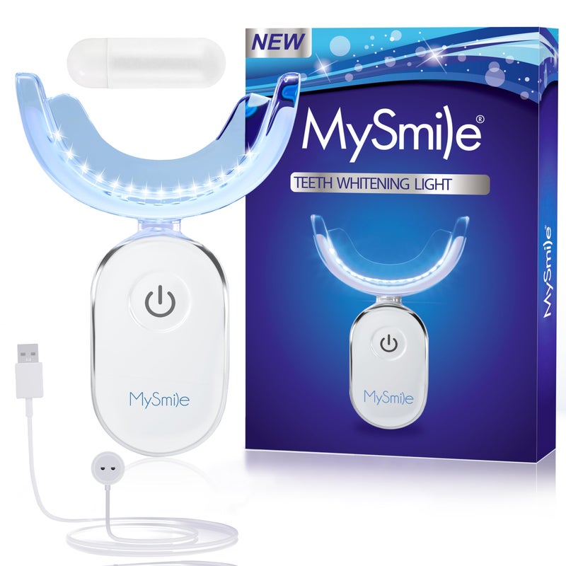MySmile جهاز تسريع تبييض الأسنان MySmile، 28 ضوء LED أزرق، كل 10 دقائق، شاحن USB، قوالب فم، 1 قطعة ضوء LED و 4 مل جل - Image 1