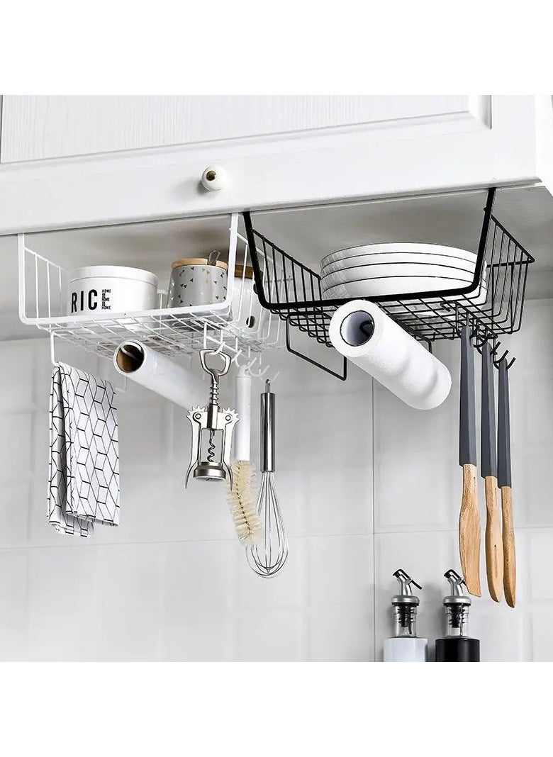 VIO Under Shelf Cabinet Basket Metal Rack Organiser for Bowls Cups Saucers Plates Multifunctional Storage Wire Basket with Hooks for hanging cups Kitchen Office Pantry Home Black  - Image 2