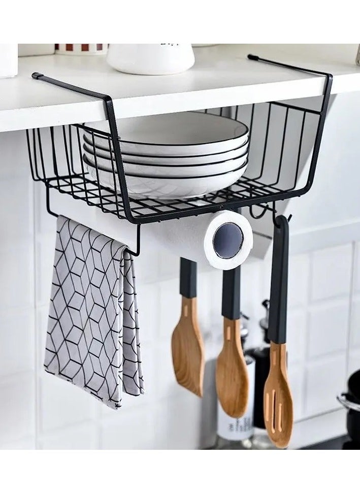 VIO Under Shelf Cabinet Basket Metal Rack Organiser for Bowls Cups Saucers Plates Multifunctional Storage Wire Basket with Hooks for hanging cups Kitchen Office Pantry Home Black  - Image 1