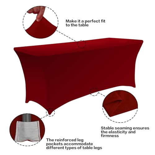 IVAPUPU 2 Pack 6FT Table Cloth for Rectangular Fitted Events Stretch Burgundy Table Covers Washable Spandex Tablecloth Protector for Party, Wedding, Cocktail, Banquet, Festival - Image 2