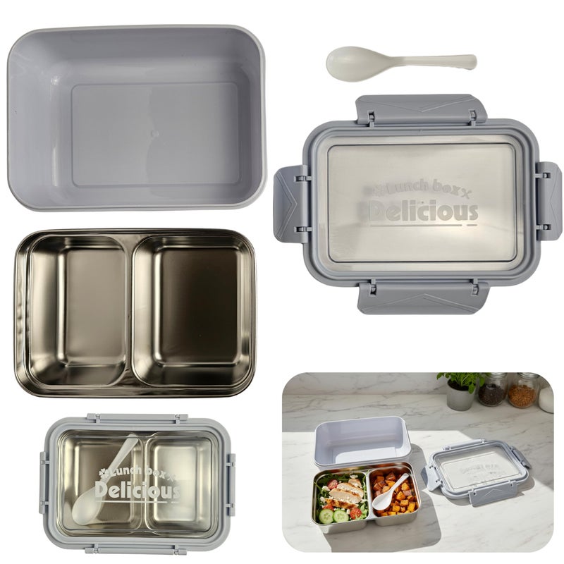 SOBHYS Stainless Steel Lunch Box with Removable Inner Tray, Leak-Resistant Silicone Seal, 2 Compartments, 19 × 14 × 5 cm, Rectangular, Light Blue Blush Pink Soft Yellow – SOBHYS (Light Blue) - Image 1