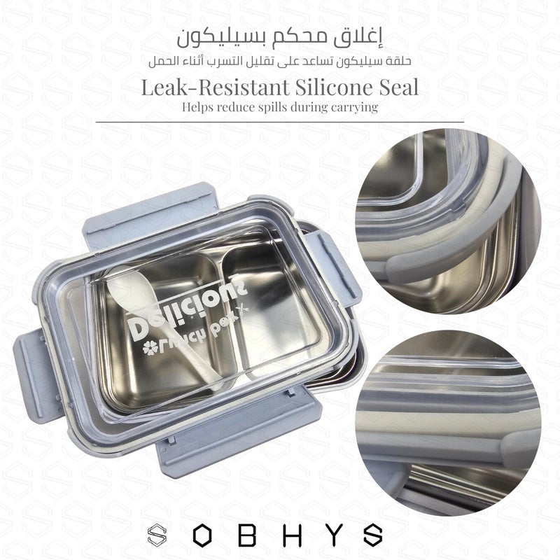 SOBHYS Stainless Steel Lunch Box with Removable Inner Tray, Leak-Resistant Silicone Seal, 2 Compartments, 19 × 14 × 5 cm, Rectangular, Light Blue Blush Pink Soft Yellow – SOBHYS (Light Blue) - Image 3