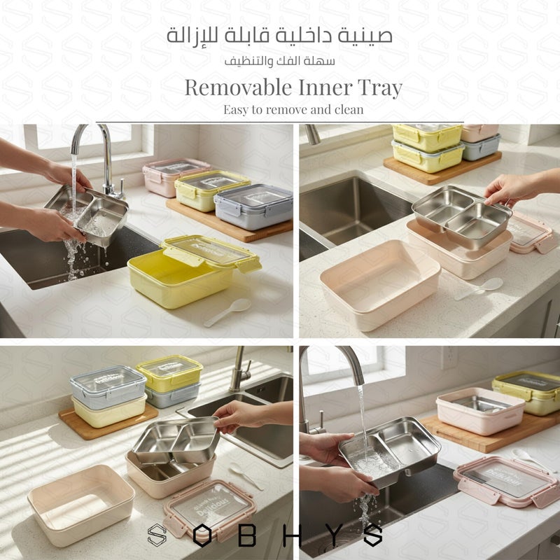 SOBHYS Stainless Steel Lunch Box with Removable Inner Tray, Leak-Resistant Silicone Seal, 2 Compartments, 19 × 14 × 5 cm, Rectangular, Light Blue Blush Pink Soft Yellow – SOBHYS (Light Blue) - Image 5