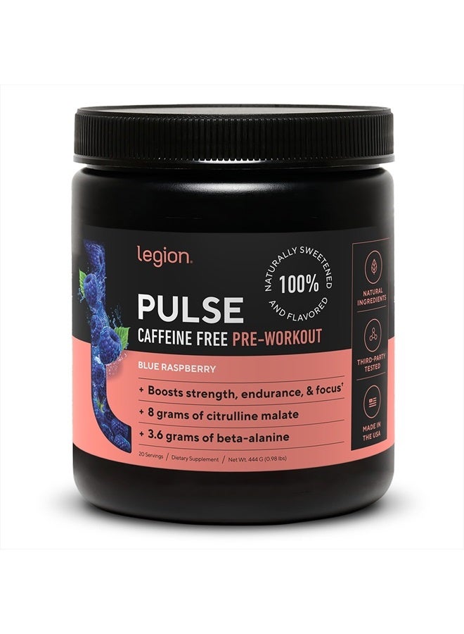 Legion Pulse Pre Workout Supplement - All Natural Nitric Oxide Preworkout Drink to Boost Energy, Creatine Free, Naturally Sweetened, Beta Alanine, Citrulline, Alpha GPC (Caffeine Free Blue Razz) - Image 1