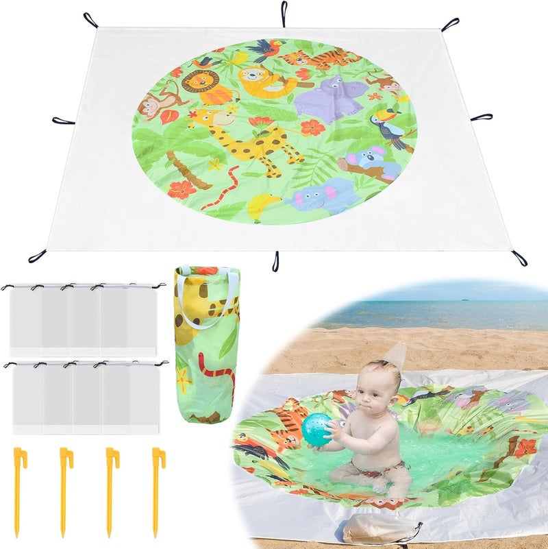 Fantang 6.5 X 6.5 Ft Baby Beach Pool, 2 in 1 Portable Kids Beach Play Pool Puddle Toddler Beach Blanket and Kiddie Pools Green Cartoon Childs Sand Pit Paddling Pools with Water Bag for Boys Girls Outdoors - Image 1