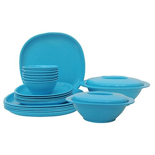 Incrizma Plastic Square Plastic Plate and Bowl (Turquoise) - Set of 22 Pieces