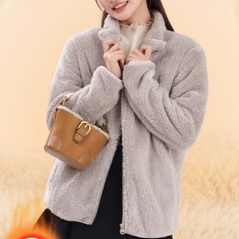 Fleece Jacket For Women Gray Jacket Double-Sided Fleece Warm Stand-Up Collar Top Sweatshirt Trendy - Image 2