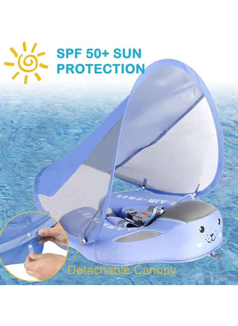 Mambobaby - Baby swimming float Baby Pool Float 3 Months-4 Years Baby Float with Canopy Tail and Harness Non-Inflatable Infant Pool Float with Sunshade Waterproof and Quick Drying Suitable for Pool (Blue) - Image 1
