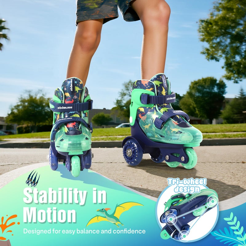 ZOOBLISS Kids Roller Skates for Beginners - ZOOBLISS Toddler Roller Skates for Boys Ages 3-7 with Light-Up Wheels & 4 Adjustable Sizes, Tri-Wheel Training Skates for Kids (Dino Blue) - Image 3