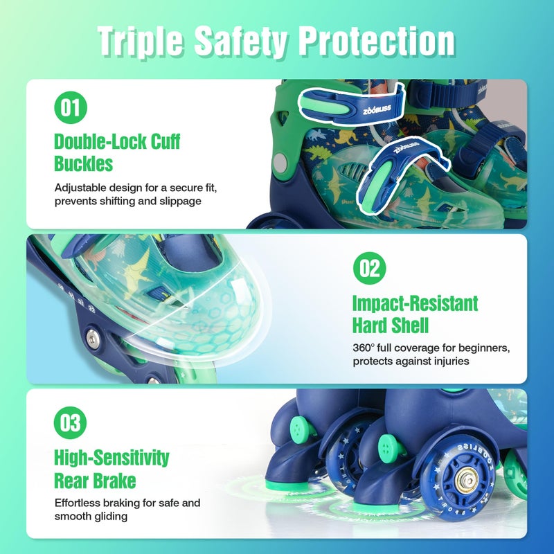 ZOOBLISS Kids Roller Skates for Beginners - ZOOBLISS Toddler Roller Skates for Boys Ages 3-7 with Light-Up Wheels & 4 Adjustable Sizes, Tri-Wheel Training Skates for Kids (Dino Blue) - Image 5