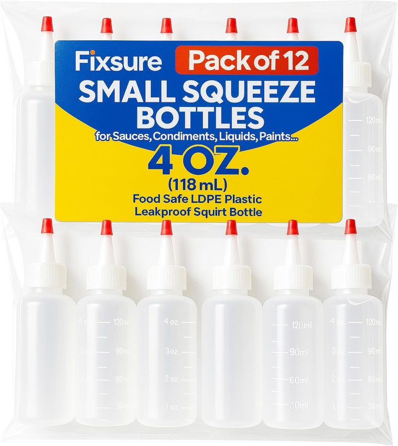FIXSURE Plastic Squeeze Bottles with Red Tip Cap, 4 Oz Squirt Bottle For Ketchup, BBQ, Sauces, Syrup, Condiments, Oil, Pancake, Cookie Decorating, Dressings, Travel, Camping, Lab, Arts and Crafts (2) - Image 1