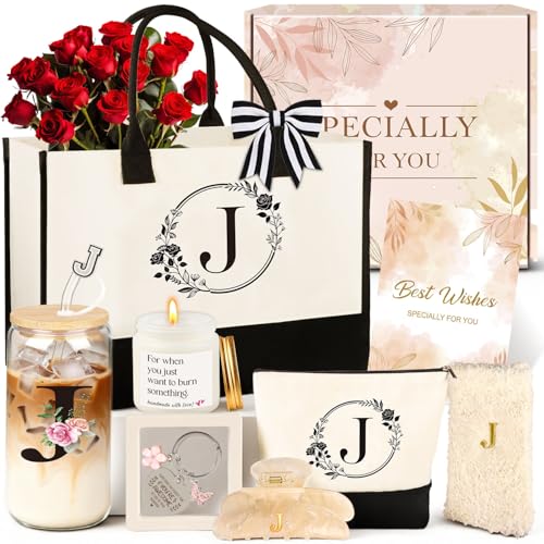 Giftota Birthday Gifts for Women, 10pcs Monogrammed Gifts for Women Initial Canvas Tote Bag, Makeup Bag, Glass Cup, Hair Clip, Candle Basket Birthday Personalized Gift for Her Woman Mom Wife Friend Teacher, J - Image 1
