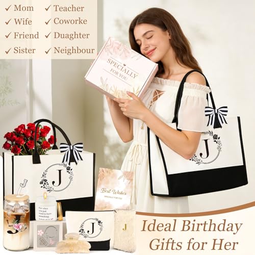 Giftota Birthday Gifts for Women, 10pcs Monogrammed Gifts for Women Initial Canvas Tote Bag, Makeup Bag, Glass Cup, Hair Clip, Candle Basket Birthday Personalized Gift for Her Woman Mom Wife Friend Teacher, J - Image 2