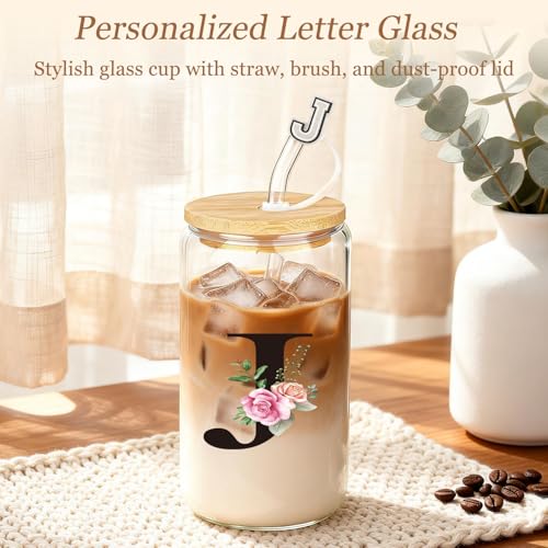 Giftota Birthday Gifts for Women, 10pcs Monogrammed Gifts for Women Initial Canvas Tote Bag, Makeup Bag, Glass Cup, Hair Clip, Candle Basket Birthday Personalized Gift for Her Woman Mom Wife Friend Teacher, J - Image 4