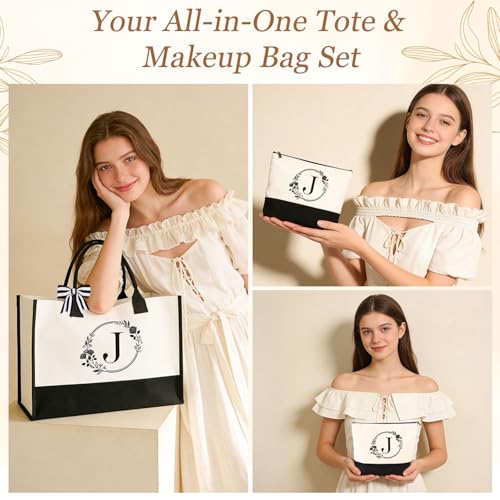 Giftota Birthday Gifts for Women, 10pcs Monogrammed Gifts for Women Initial Canvas Tote Bag, Makeup Bag, Glass Cup, Hair Clip, Candle Basket Birthday Personalized Gift for Her Woman Mom Wife Friend Teacher, J - Image 3