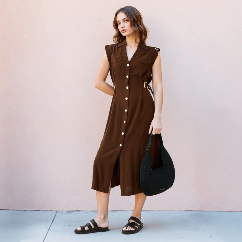 لي كوبر Lee Cooper Sleeveless Belted Shirt Dress