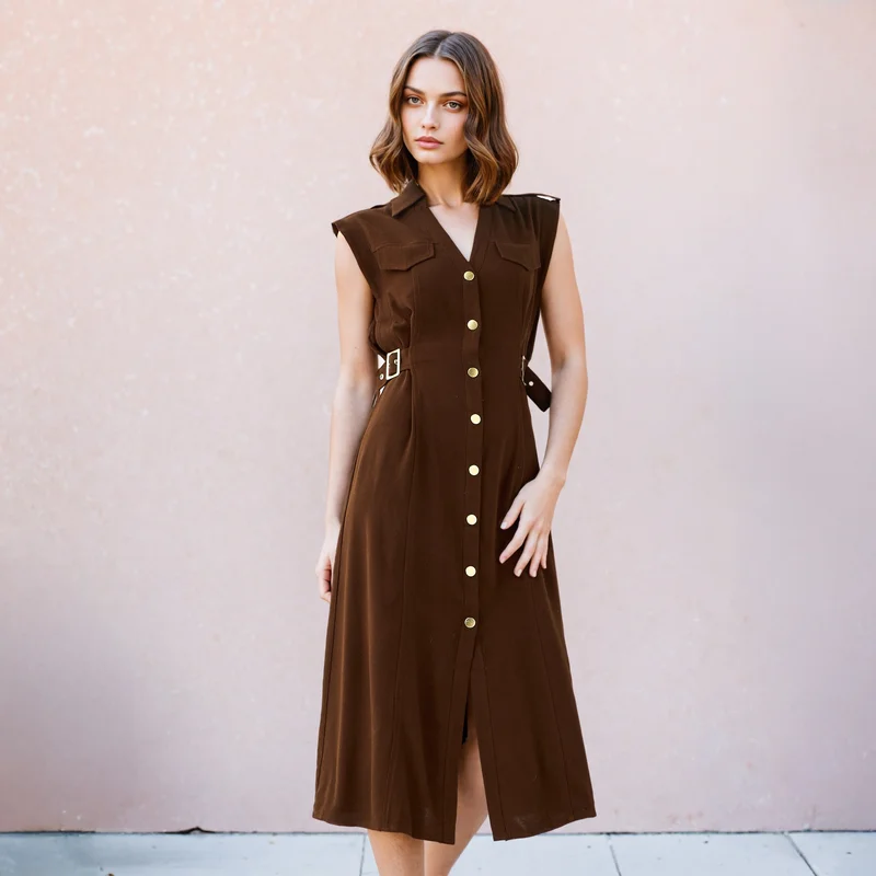 لي كوبر Lee Cooper Sleeveless Belted Shirt Dress