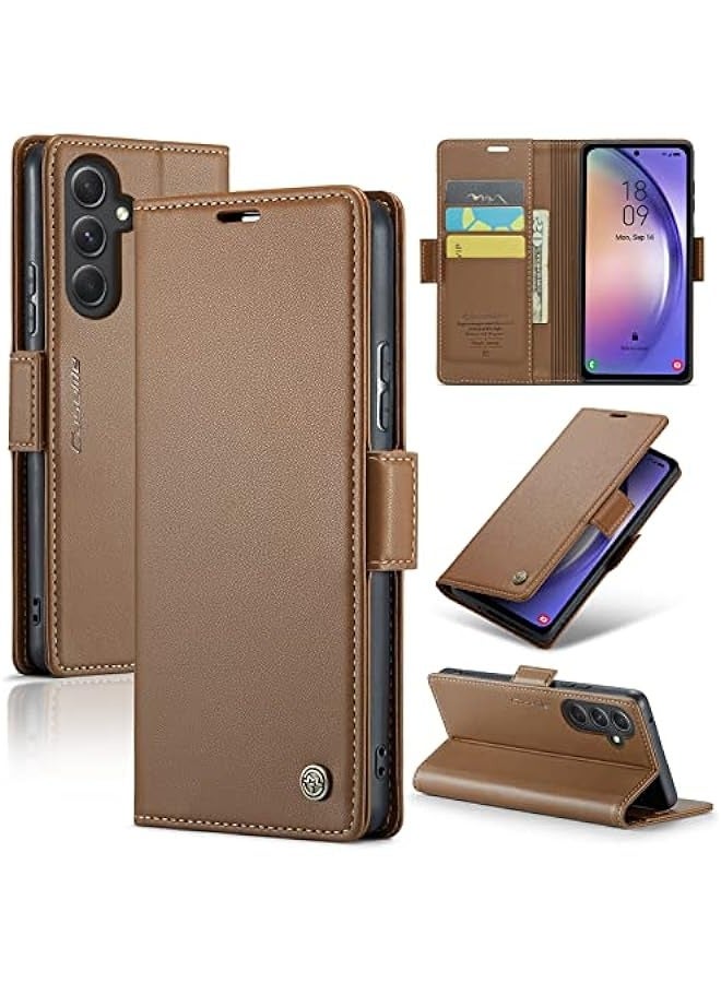 حافظة محفظة Samsung Galaxy A34 بحجب RFID وحامل بطاقات للنساء والرجال، جلد قوي مع حامل قابل للطي وإغلاق مغناطيسي مضاد للصدمات لهاتف Samsung Galaxy A34 (بني) - Image 1