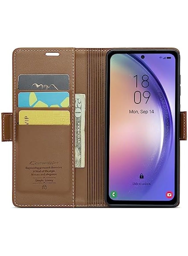 حافظة محفظة Samsung Galaxy A34 بحجب RFID وحامل بطاقات للنساء والرجال، جلد قوي مع حامل قابل للطي وإغلاق مغناطيسي مضاد للصدمات لهاتف Samsung Galaxy A34 (بني) - Image 2