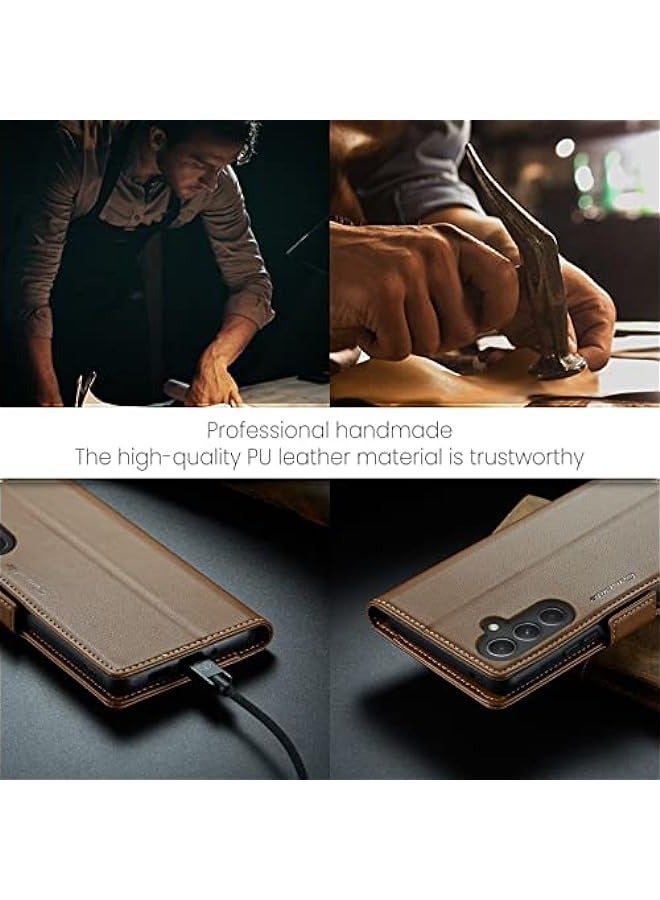 حافظة محفظة Samsung Galaxy A34 بحجب RFID وحامل بطاقات للنساء والرجال، جلد قوي مع حامل قابل للطي وإغلاق مغناطيسي مضاد للصدمات لهاتف Samsung Galaxy A34 (بني) - Image 5