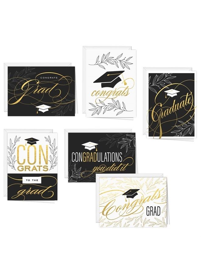 Canopy Street Graduation Hat Card Set / 12 Cards With White Envelopes / 4 5/8" x 6 1/4" Folded School Graduate Cards / 6 Black White And Faux Gold Grad Designs/Made In The USA - Image 1