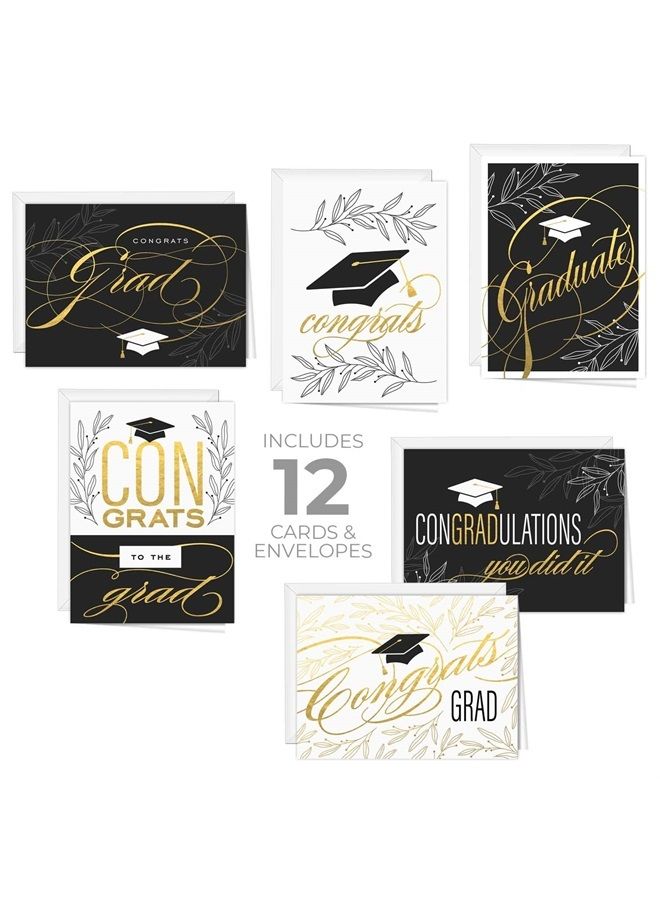 Canopy Street Graduation Hat Card Set / 12 Cards With White Envelopes / 4 5/8" x 6 1/4" Folded School Graduate Cards / 6 Black White And Faux Gold Grad Designs/Made In The USA - Image 2