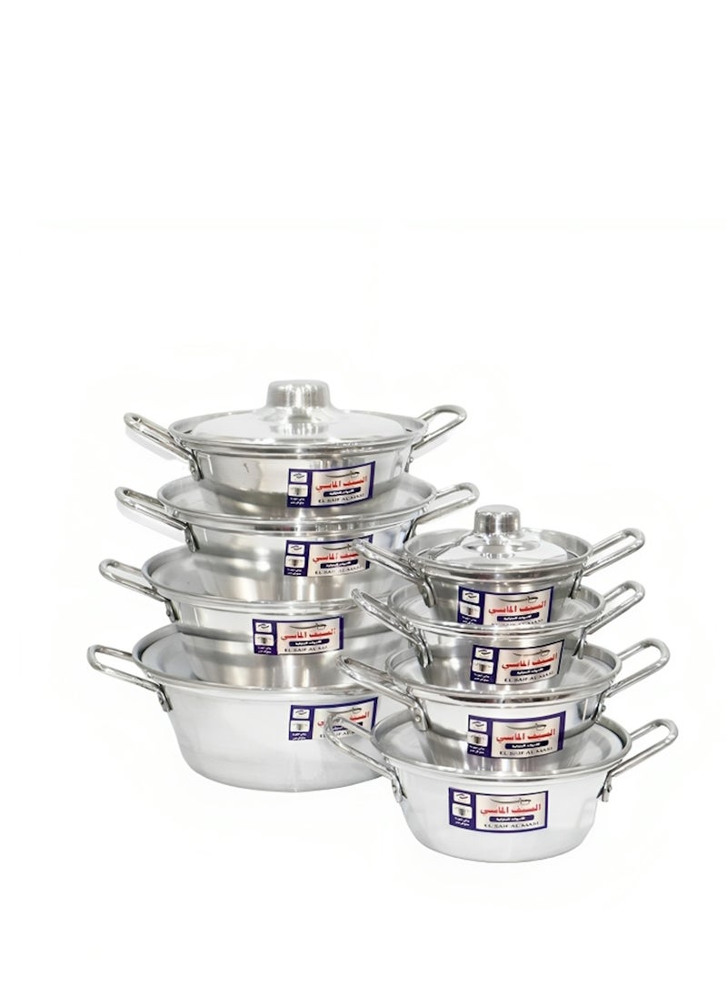 Al Saif Al Masi Shawarma pots set with aluminum handle from Al Saif Almasi, shiny medium size, 8 pieces, 16-30 cm  - Image 1
