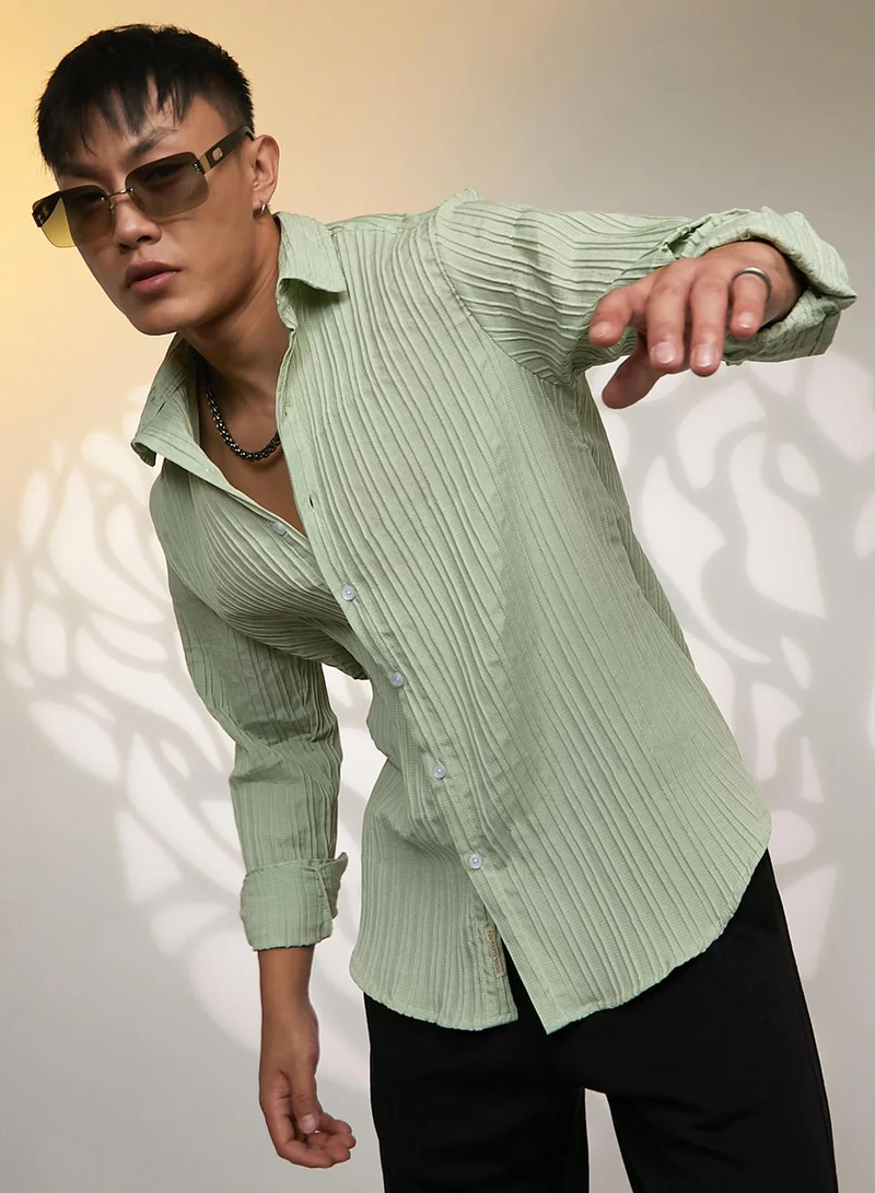 Campus Sutra Men's Sage Green Self-Design Striped Shirt