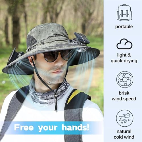 ATMEET Men Women Wide Brim Sun Hats with 2 Solar Fan Waterproof Breathable Bucket Hat Outdoor Fishing Hat for Hiking Camping - Image 3