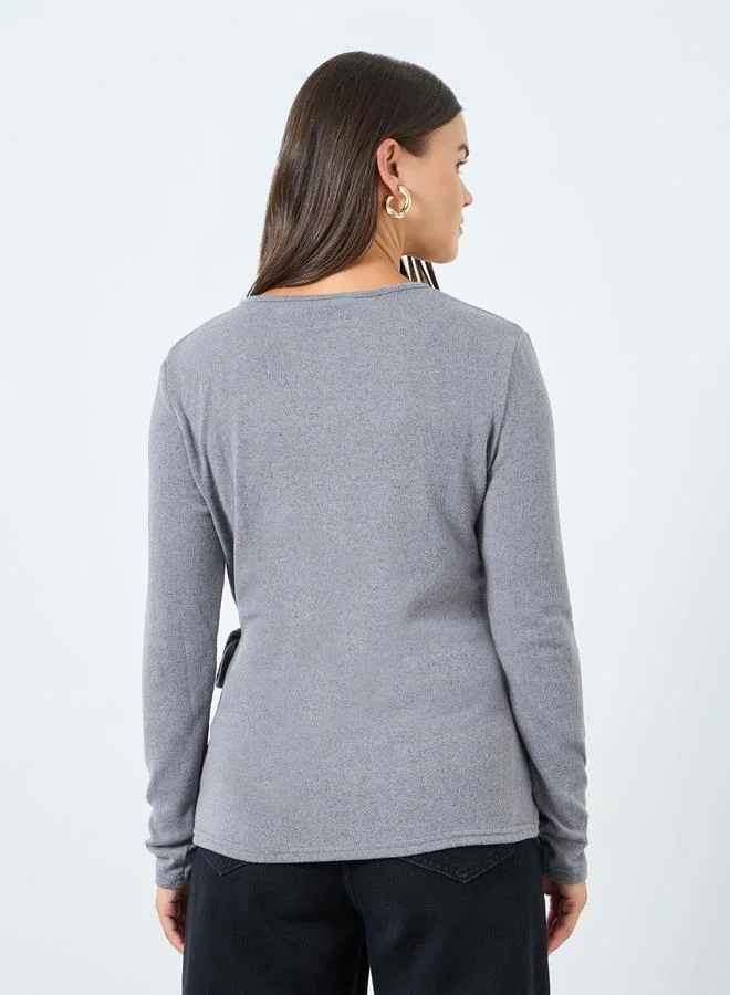 Styli Styli Grey Plain Long Sleeve Knitted Wrap Top
