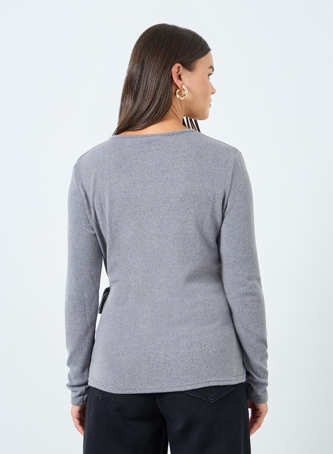 Styli Grey Plain Long Sleeve Knitted Wrap Top - Image 4