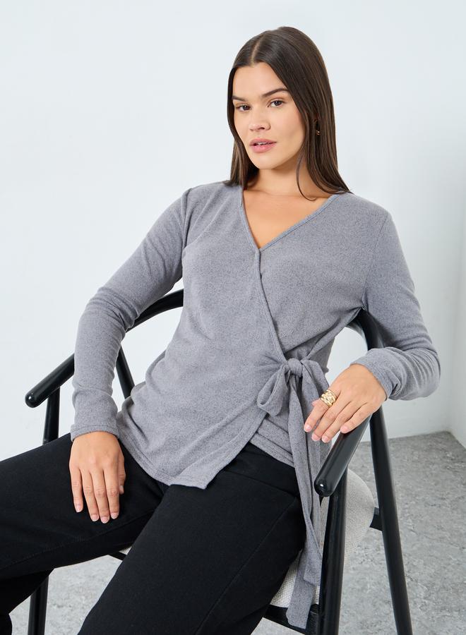 Styli Grey Plain Long Sleeve Knitted Wrap Top - Image 1