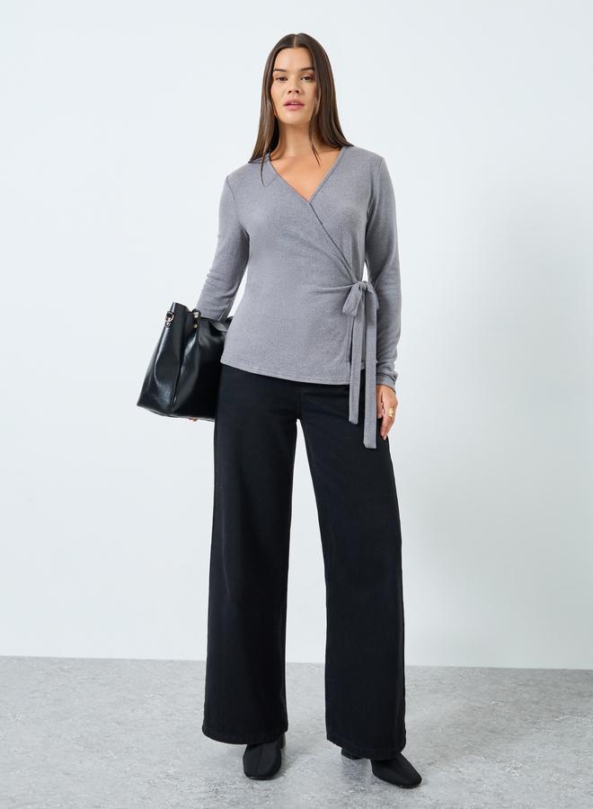 Styli Grey Plain Long Sleeve Knitted Wrap Top - Image 2