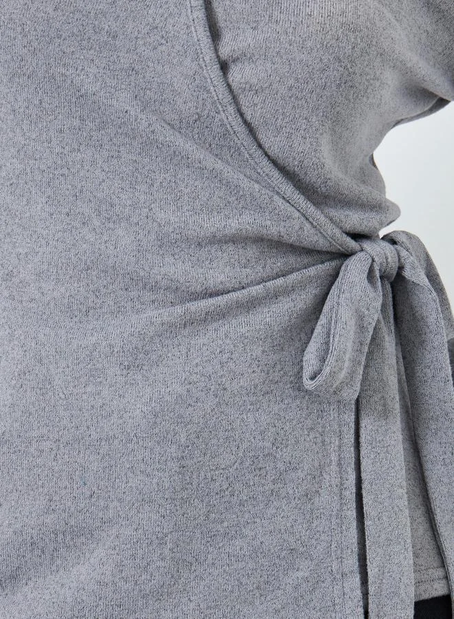 Styli Styli Grey Plain Long Sleeve Knitted Wrap Top