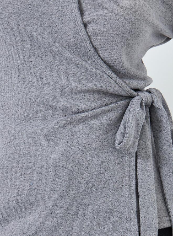 Styli Grey Plain Long Sleeve Knitted Wrap Top - Image 3