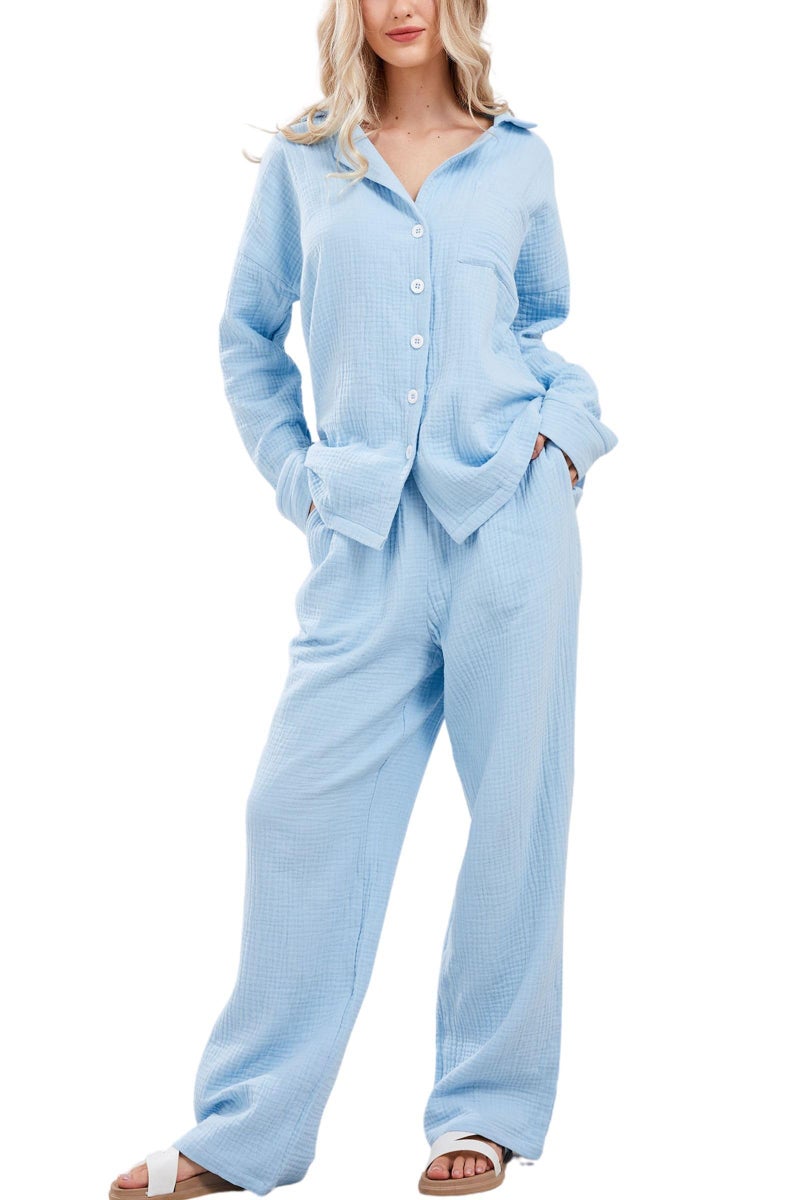 codcm Womens Pajama Sets Cotton Pj Set Cute Heart Print Long Sleeve Button Shirt With Pants(Blue,Medium) - Image 1