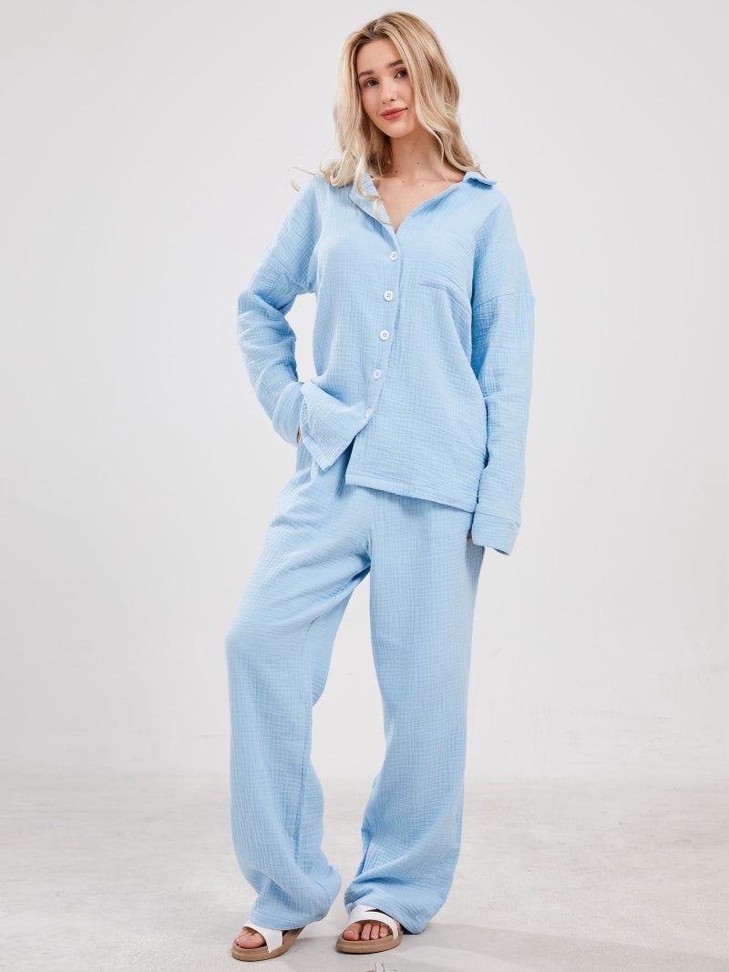 codcm Womens Pajama Sets Cotton Pj Set Cute Heart Print Long Sleeve Button Shirt With Pants(Blue,Medium) - Image 3