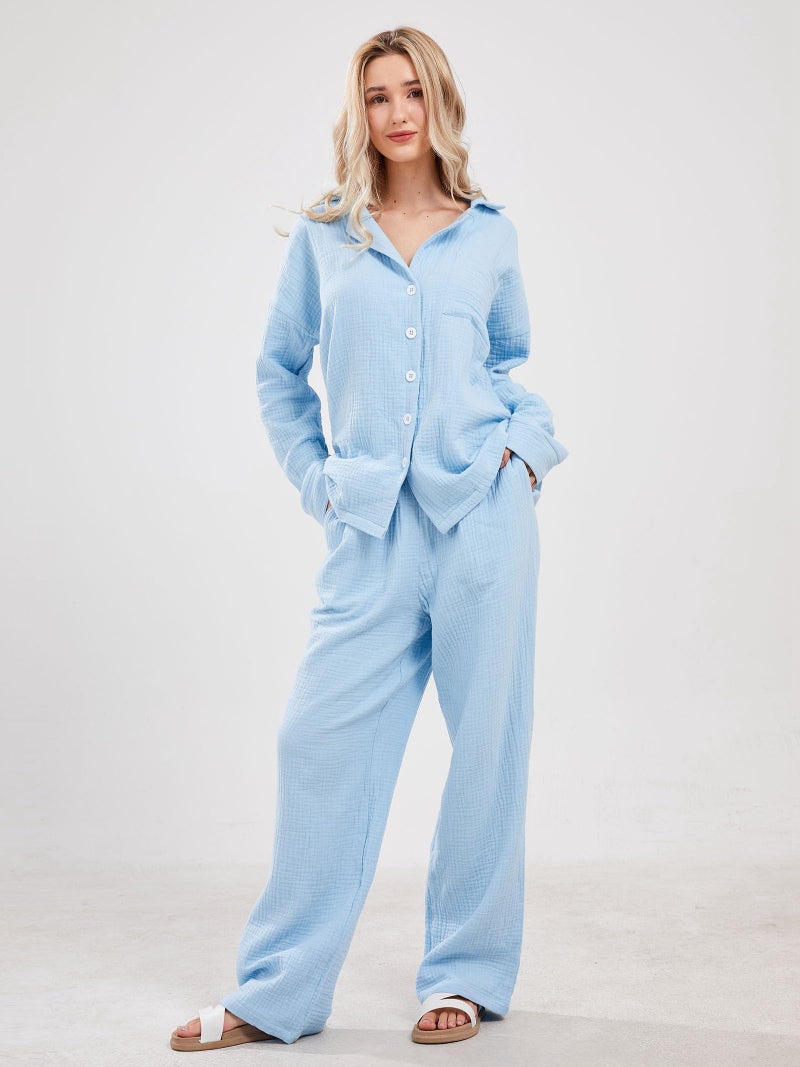 codcm Womens Pajama Sets Cotton Pj Set Cute Heart Print Long Sleeve Button Shirt With Pants(Blue,Medium) - Image 2