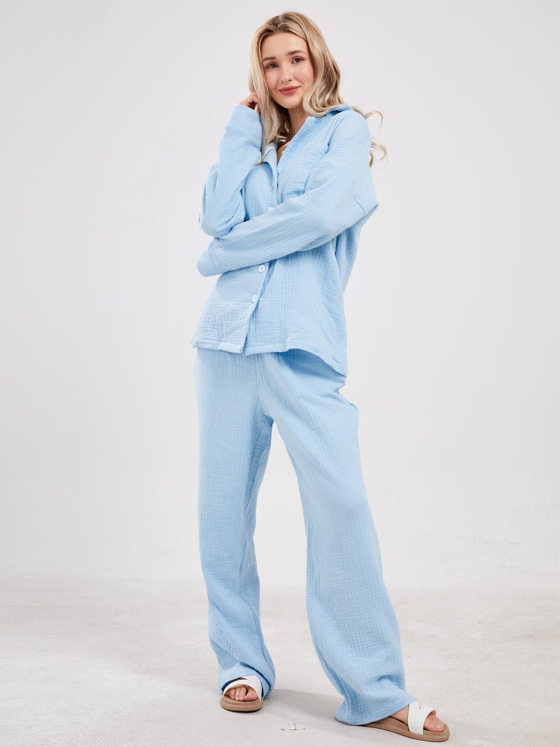 codcm Womens Pajama Sets Cotton Pj Set Cute Heart Print Long Sleeve Button Shirt With Pants(Blue,Medium) - Image 4