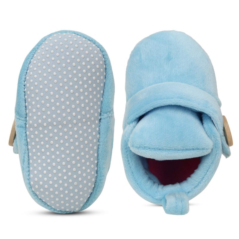 Superminis unisex-baby Velvet Soft Base Booties/Shoes With Wooden Button 0-6 Months Sky Blue - Image 4