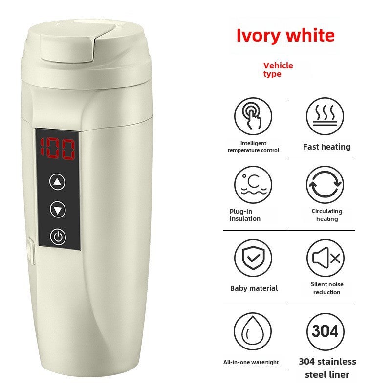 Intelligent digital display car electric water cup car heating water cup car heating water cup car heating kettle 12V/24V(White-for bicycles, 401-500ml) - Image 1