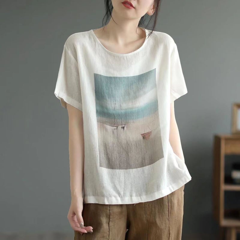 ***New Cotton And Linen Short-Sleeved T-Shirt For Women, Retro Printed Linen Thin T-Shirt, Artistic Loose Large Size Summer Top - Image 3
