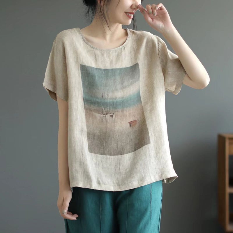 ***New Cotton And Linen Short-Sleeved T-Shirt For Women, Retro Printed Linen Thin T-Shirt, Artistic Loose Large Size Summer Top - Image 4