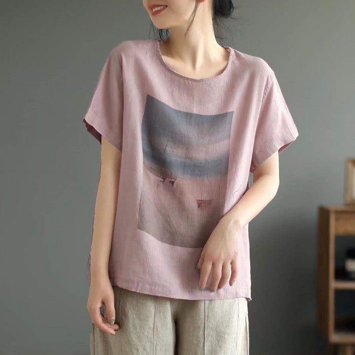 ***New Cotton And Linen Short-Sleeved T-Shirt For Women, Retro Printed Linen Thin T-Shirt, Artistic Loose Large Size Summer Top - Image 1