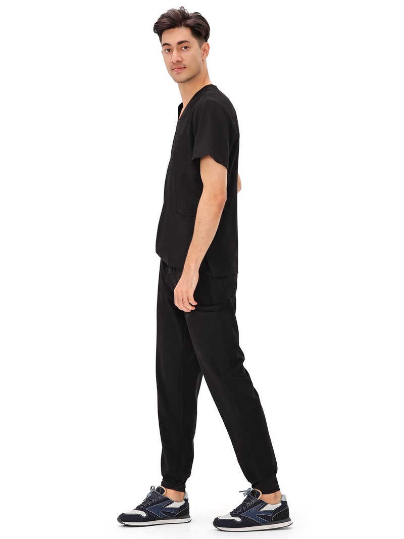COZYFIT Scrubs for Men - 4 Pockets V-Neck Scrub Top and 7 Pockets Jogger Pants Mens Scrubs Set, Black, L - Image 3