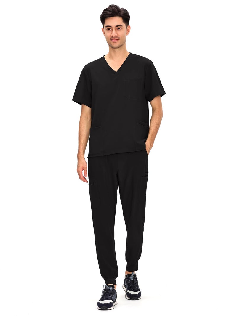 COZYFIT Scrubs for Men - 4 Pockets V-Neck Scrub Top and 7 Pockets Jogger Pants Mens Scrubs Set, Black, L - Image 1