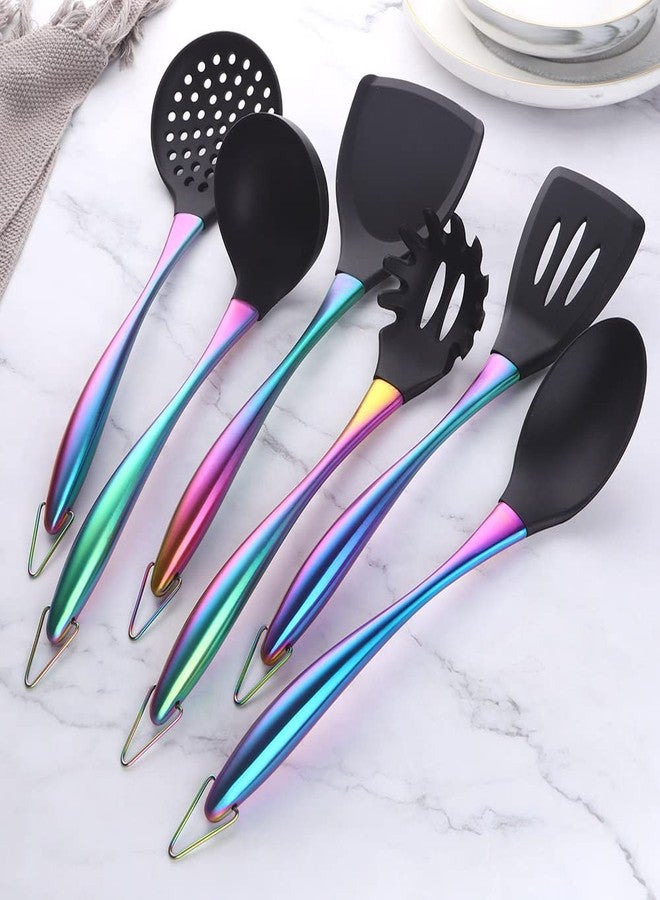 QOBIMOON Silicone Cooking Utensil Set,6 pcs Silicone Cooking Kitchen Utensils Set,Non-stick Kitchen Cookware Titanium Stainless Steel Handle with Utensil Holder,Spatula Set for Cooking-Rainbow Color - Image 3