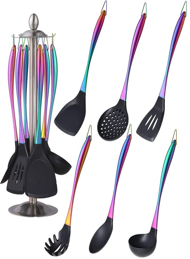 QOBIMOON Silicone Cooking Utensil Set,6 pcs Silicone Cooking Kitchen Utensils Set,Non-stick Kitchen Cookware Titanium Stainless Steel Handle with Utensil Holder,Spatula Set for Cooking-Rainbow Color - Image 1